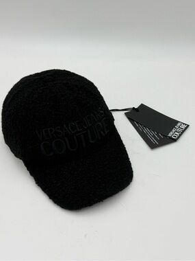 NWT Versace Jeans Couture Black Bouclé Teddy Baseball Cap Hat Logo AUTHENTIC